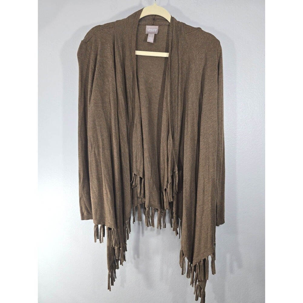 Chicos Size 1 Brown fringe trim knit shawl cardigan sweater Cashmere blend BD